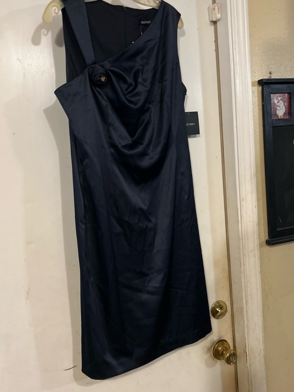 Ellen Tracy Navy Satin Midi Dress with Draped Front